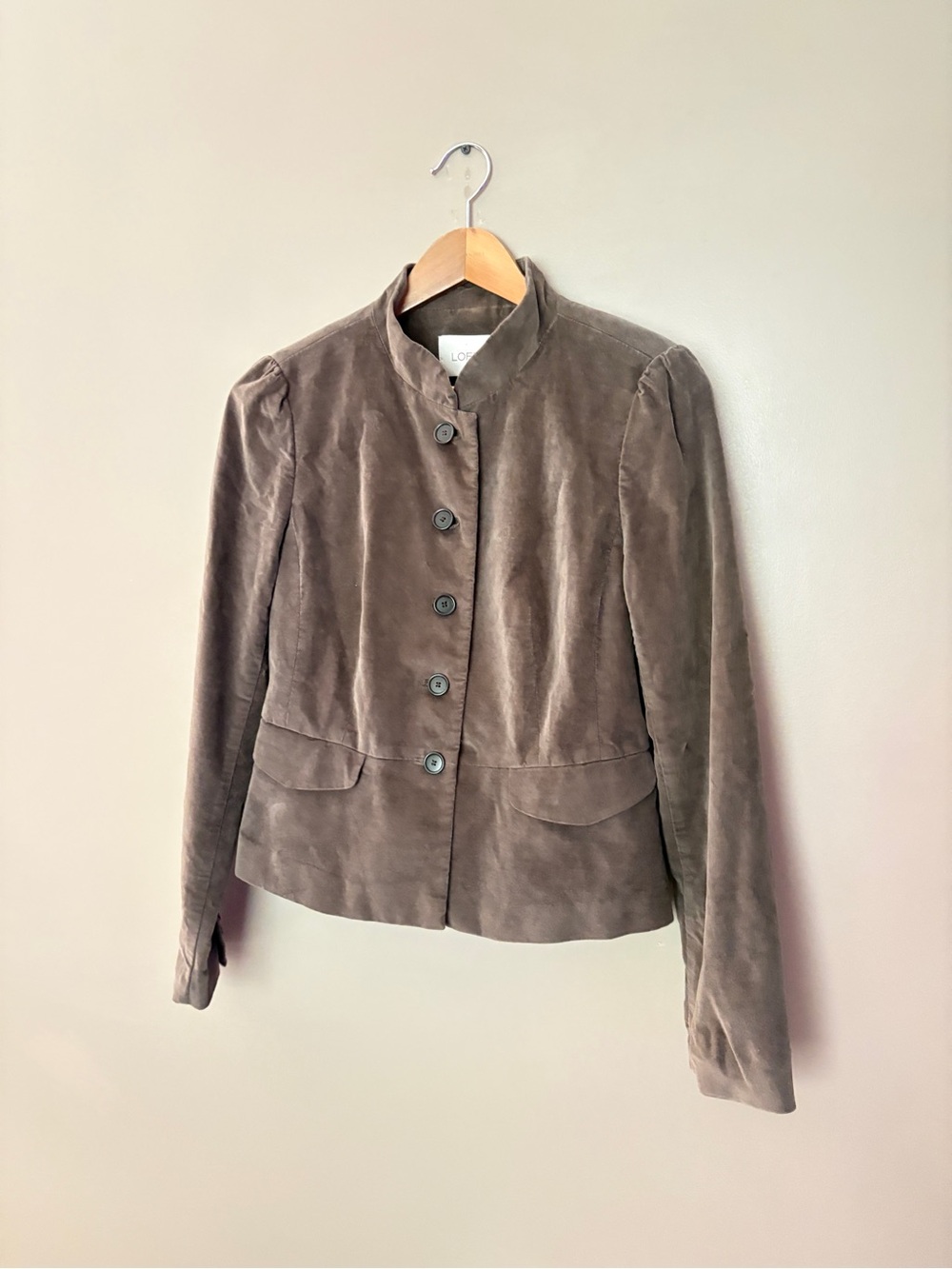 LOFT Taupe Velvet jacket blazer Mandarin Collar Brown fall sz 2 EUC